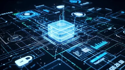 Futuristic digital network with a central processing unit glowing with blue light representing data flow and secure cloud computing technology - Powered by Adobe