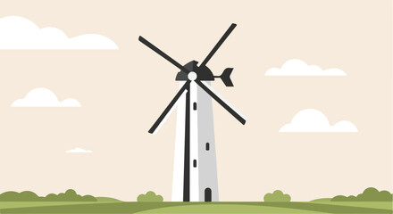 Fototapeta premium Windmill spins. Rural scene, with clouds. For learning, travel content