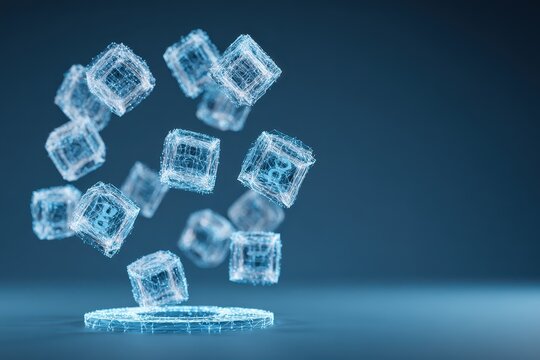 Lowpoly animation of spinning blockchain cubes showcasing digital technology and innovation in a modern setting - Powered by Adobe