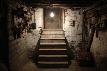 Basement with stone walls and stairs leading to a single light