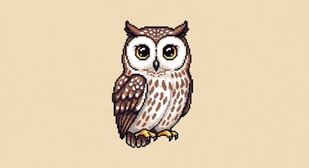 Obraz premium Cute pixel art owl illustration with big eyes. Charming 8-bit retro style nocturnal bird character on a simple background.