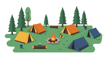 Fototapeta premium Tents surrounding a fire in a forest camping spot, illustration for outdoors