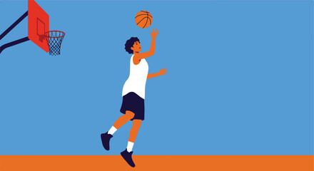 Solo basketball player shooting at hoop on blue outdoor court, aiming for the basket