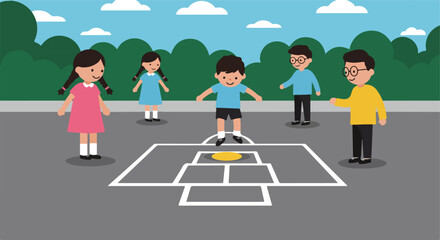 Kids Playing Hopscotch on a Playground with Greenery in the Background