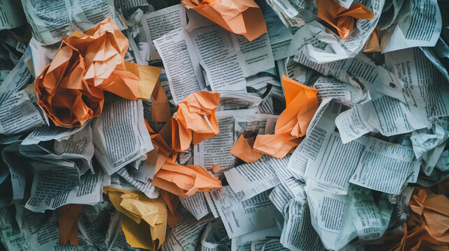 A pile of crumpled papers and text snippets orange and yellow paper scraps