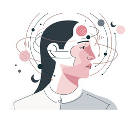 Female profile with orbiting planets and abstract elements around head. Flat vector illustration. Mental health and imagination concept. Design for poster, print.
