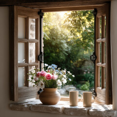 Fototapeta premium Rustic wooden window open to sunlit garden, vase of fresh flowers and two ceramic mugs on stone sill, peaceful morning atmosphere