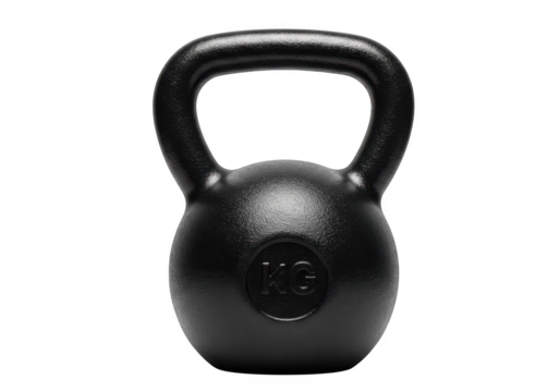 A black cast iron kettlebell for fitness and strength training isolated on transparent background