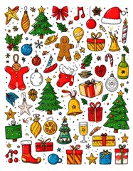Colorful hand-drawn Christmas elements on white