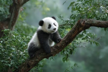 Fototapeta premium Giant panda resting on a branch in a lush forest during a calm afternoon