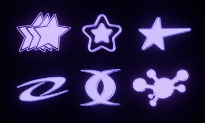 Set of 3D Holographic Y2K icons isolated on black background. Set of shiny glossy inflated geometric shapes, holographic elements for design in Y2K style. Element, star and flower holographic shape