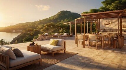 Obraz premium Island terrace at golden hour, 3D render, warm sunlight