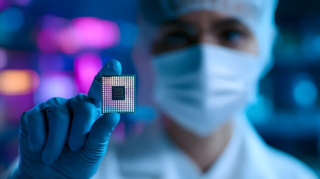 A scientist holds a microchip in a lab.