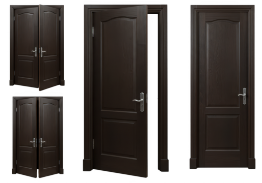 Collection of dark brown wooden doors, including single and double entry doors, isolated on transparent background