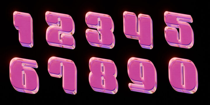 3D pink numbers with a realistic glass effect from 0 to 9 isolated on black background. Set of numbers with pink retro neon. Rainbow glossy numbers with gradient texture render. 3D Illustration