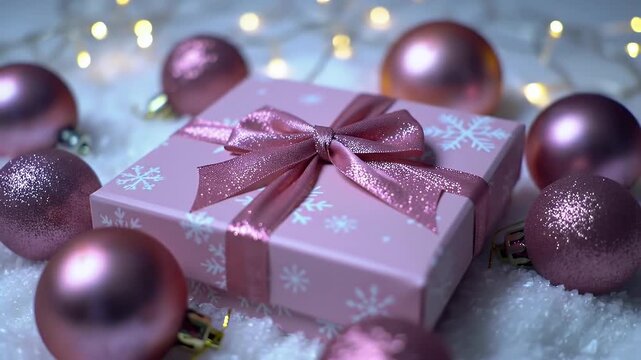 Elegant Pink Gift Box with Shimmering Bow Surrounded by Pink Ornaments Snow and String Lights