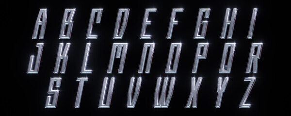 Realistic 3D metal font in y2k style isolated on black background. Shiny metallic letters with Y2K...