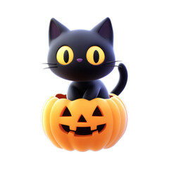 Cute cartoon cat sitting in a Halloween pumpkin