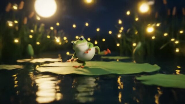 Green frog dancing joyfully on lily pad under firefly lights at night