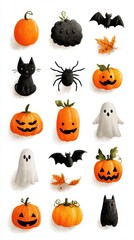 Fun and playful Halloween-themed illustrations featuring pumpkins, ghosts, a black cat, and bats in various sizes and expressions