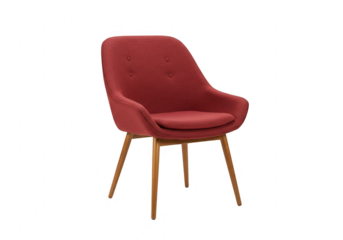 A single red upholstered armchair with wooden legs, isolated on transparent background