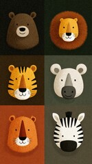 Unique animal illustrations featuring a bear, lion, tiger, panda, elephant, and zebra against colorful backgrounds