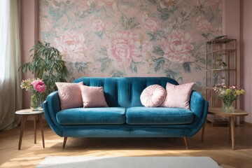 Bright living room featuring a cozy blue couch adorned with pink cushions set against a floral pink wallpaper backdrop with decorative plants and fresh flowers capturing a serene atmosphere