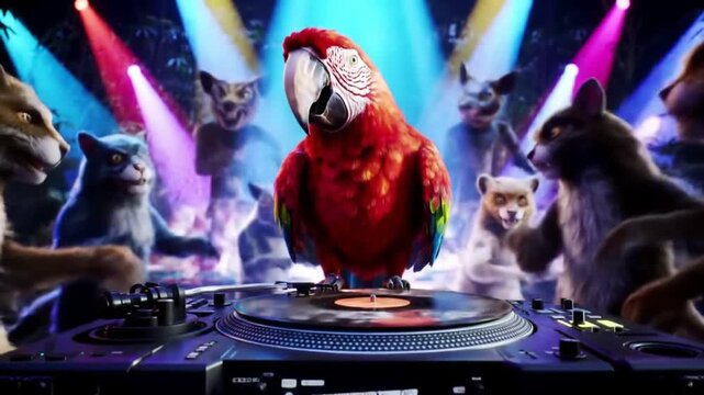 Animated animals at a party on a dj booth