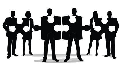 Silhouetted figures hold puzzle pieces symbolizing teamwork and collaboration in a business setting