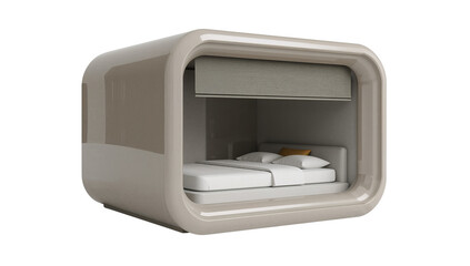 Modern encapsulated bed interior offering sleep sanctuary with futuristic design concept isolated