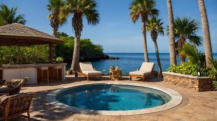 Island terrace with jacuzzi and tiki torches