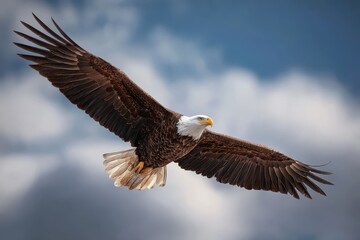 Obraz premium Bald Eagle soaring high against a backdrop of blue skies and soft clouds in this stunning realistic representation of wildlife in its natural habitat
