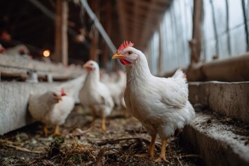 Fototapeta premium Chickens roam freely in a spacious chicken farm environment during a cloudy morning, showcasing the healthy and vibrant poultry in natural habitat