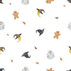 Seamless pattern of Halloween hand drawn watercolor.The EPS file is vector and can be edited background color.