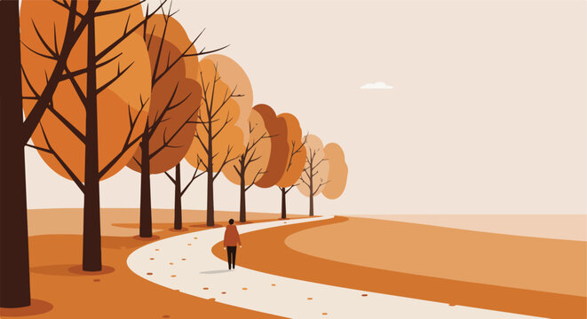 Man walking down tree lined path with cloud in light colored background. Conceptual