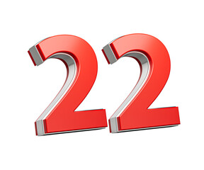 Bold Vibrant Red Number Twenty two Number 22 With Metallic On White Background 3D Illustration