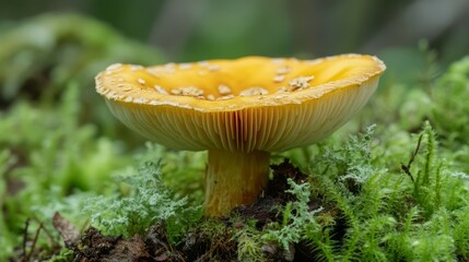 Fototapeta premium 23.A detailed shot of a North American mushroom, Aureoboletus projectellus, in the heart of a Latvian forest. The mushroom is surrounded by delicate green lichen, creating an enchanting woodland