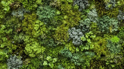 26.A top-down view of stabilized moss and lichens, showcasing their intricate textures and green tones. The moss and lichen are preserved with glycerin for interior decoration, providing a lush,
