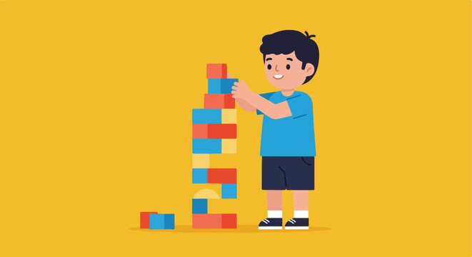 Kid building tower of blocks on a yellow background. Use for early learning