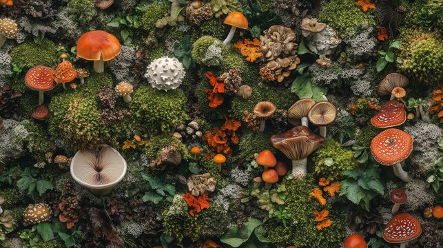 35.A highly detailed, realistic 3D illustration of a jungle ecosystem, where moss and lichen cover tree trunks and the forest floor, while mushrooms grow in various sizes and colors. The illustration - Powered by Adobe