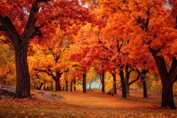 Fototapeta premium Stunning autumn landscape featuring vibrant orange trees in a peaceful park along a serene riverbank