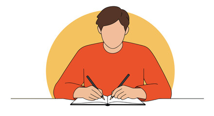 Person Writing in Notebook on Desk with Yellow Circle Background for Ideas