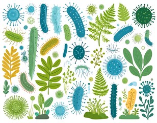 Colorful illustration of various microbes and plant life