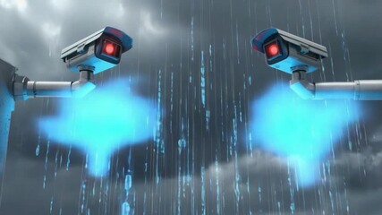 Surveillance cameras monitor rainy night with glowing blue data streams - Powered by Adobe