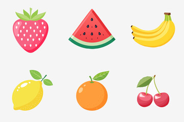 Pastel Flat Vector Fruit Icon Set &ndash; Strawberry, Watermelon, Banana, Lemon, Orange, Cherry	