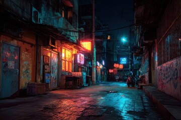 Fototapeta premium Gloomy cyberpunk alley in dark city at night illuminated by neon signs, with puddles reflecting vibrant colors and a sense of solitude in a futuristic environment