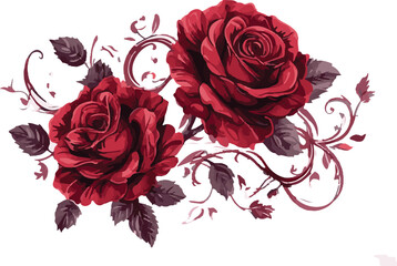 Dark red roses with swirling vines silhouette isolated on white background