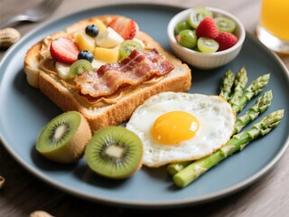 Peanut Butter Toast &ndash; Toast with fresh fruits, bacon, and sweet spreads. Served with sunny egg, asparagus, and a kiwi-berry fruit mix