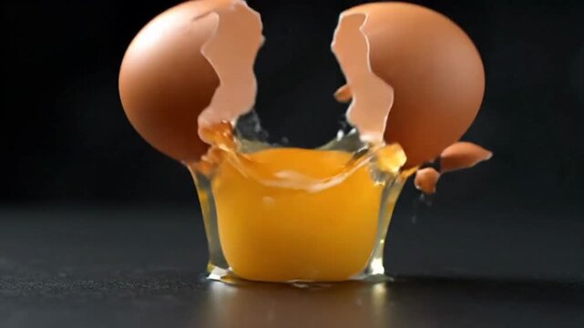 Egg breaking after being dropped to reveal broken shell and egg yolk
