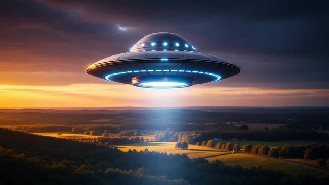 Unidentified flying object soaring over landscape. Unidentified flying object hovers above lush green countryside under twilight skies, emanating mysterious light beams.
